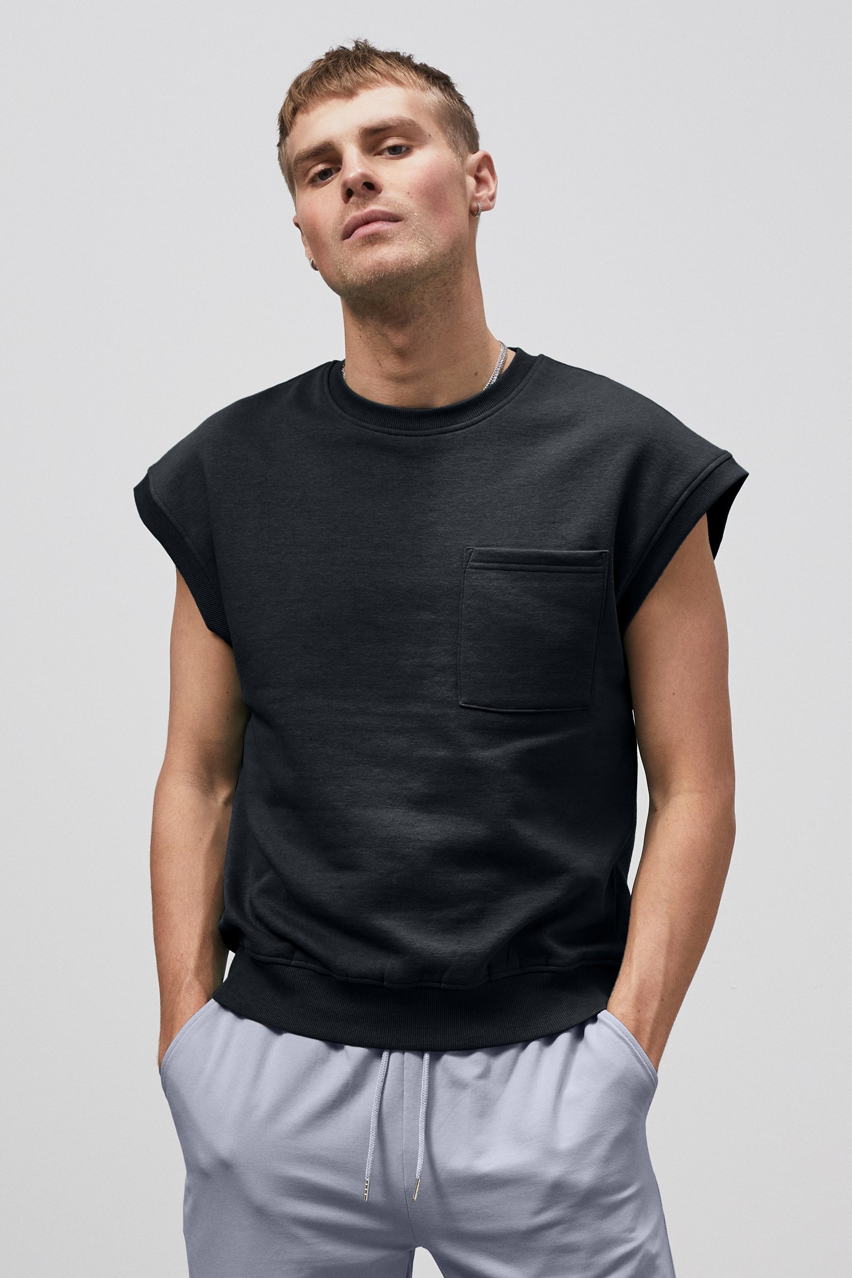Enorsia Men's Black Crew Neck Sleeveless Sweatshirt - Uk Xl