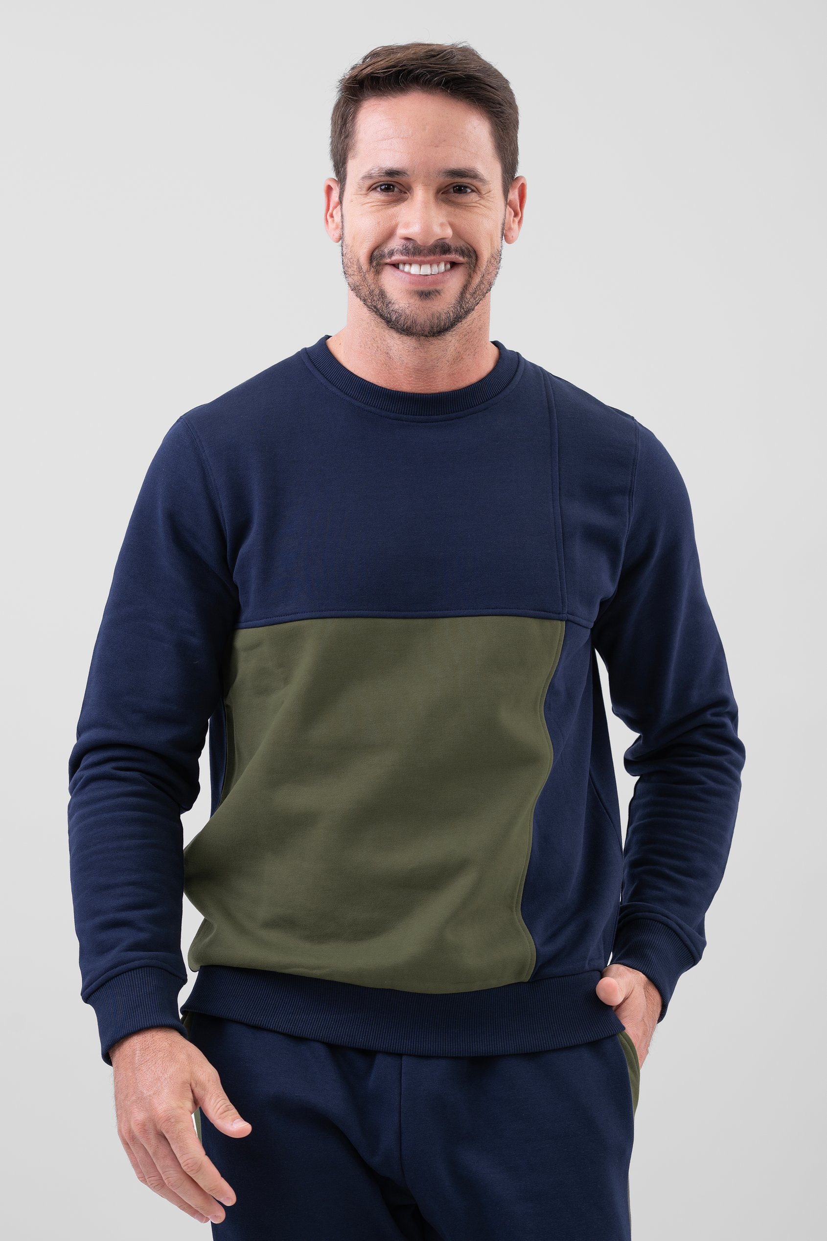 Enorsia Men's Navy Crew Neck Colour Block Sweatshirt - Uk L