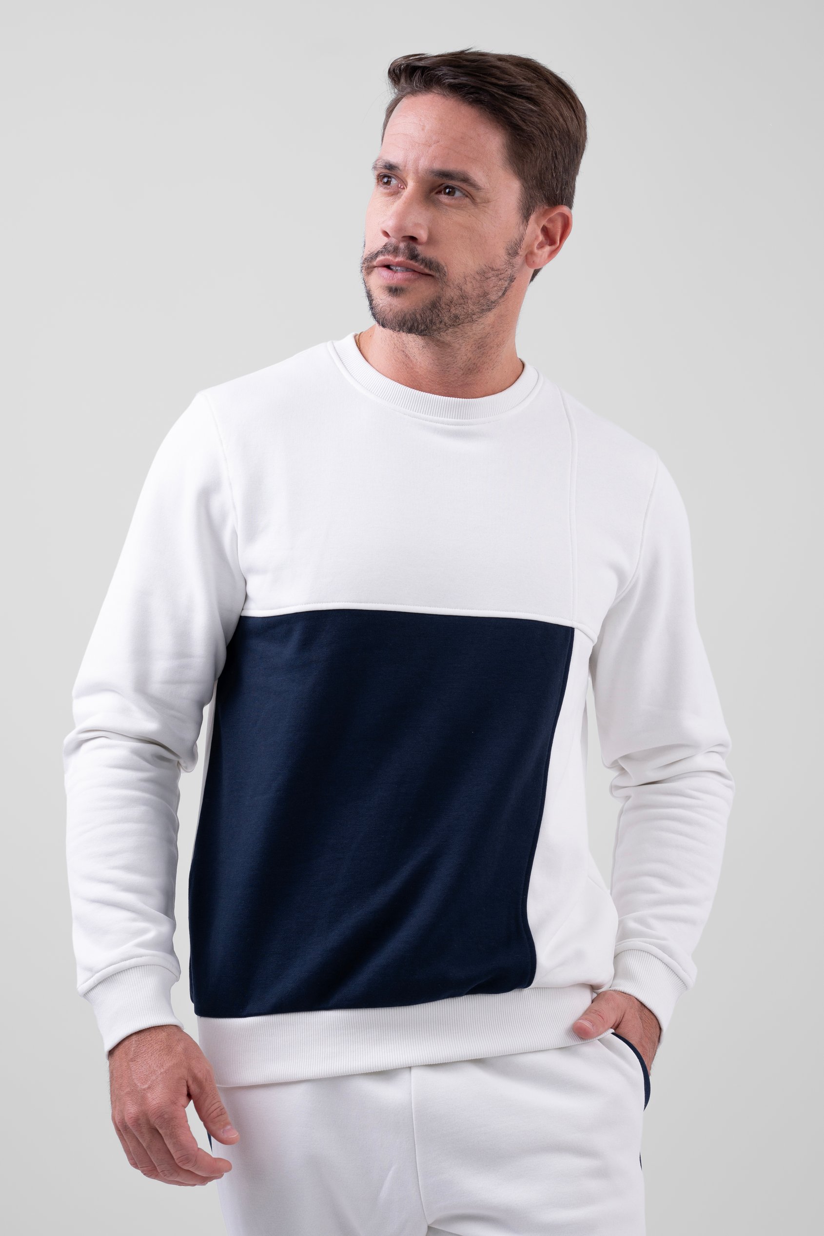 Enorsia Men's White Crew Neck Colour Block Sweatshirt - Uk Xl