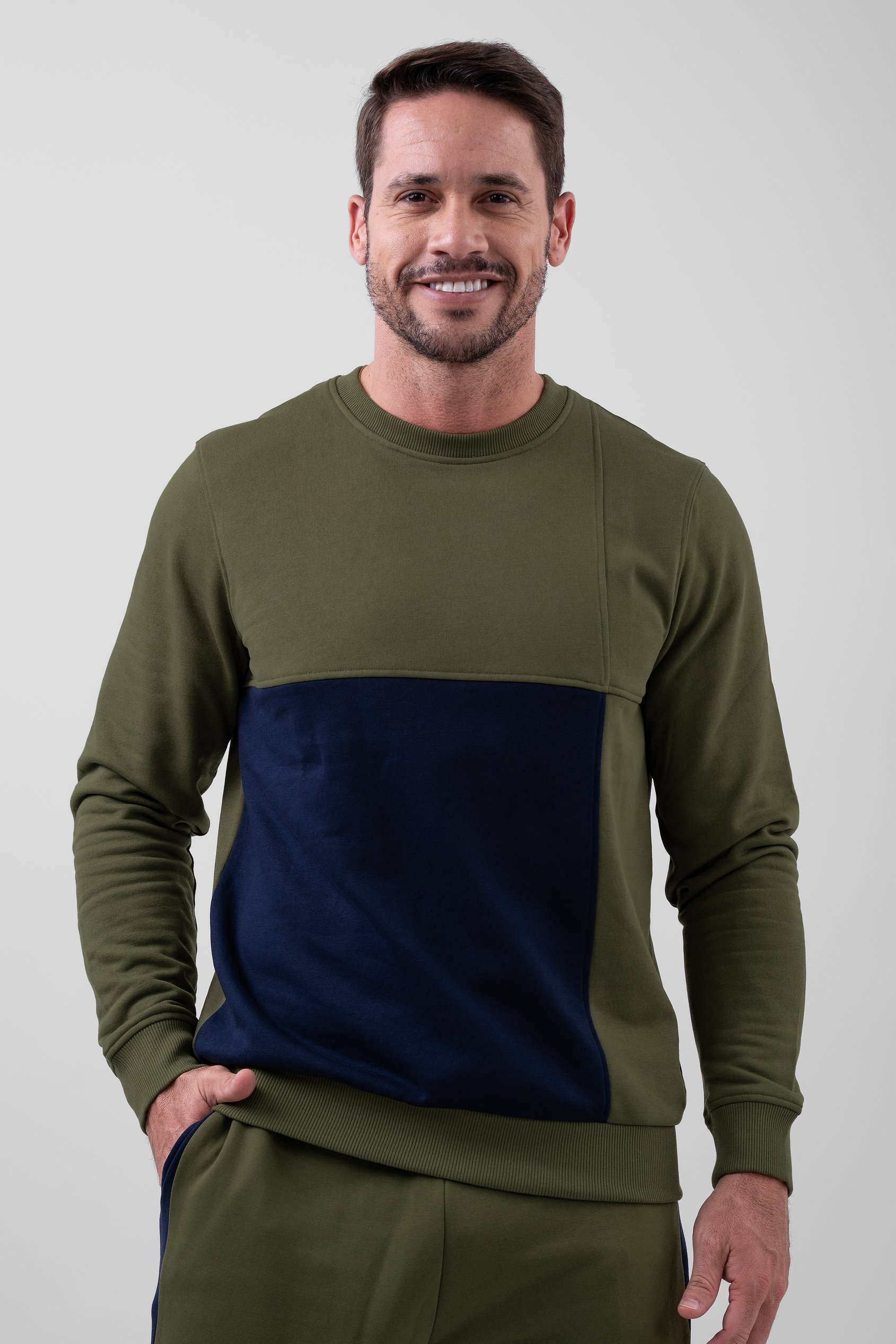 Enorsia Men's Green Crew Neck Colour Block Sweatshirt - Uk Xl