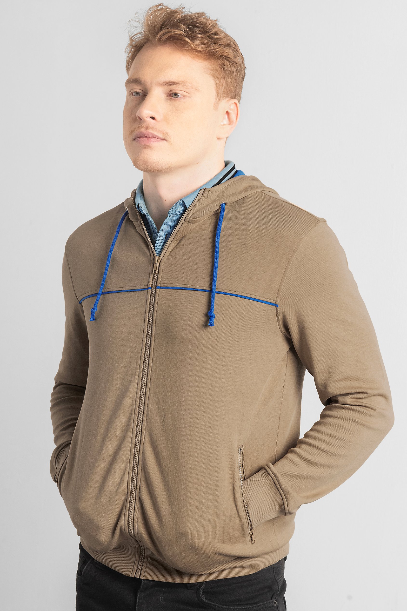 Enorsia Men's Khaki Heavy Jersey Zip Through Hoodie - Uk Xxl
