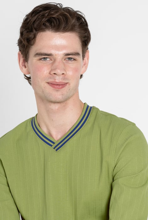 Green Contrast Ribbing V-Neck Sweatshirt