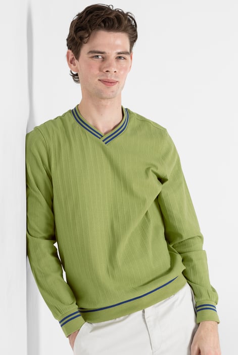 Green Contrast Ribbing V-Neck Sweatshirt