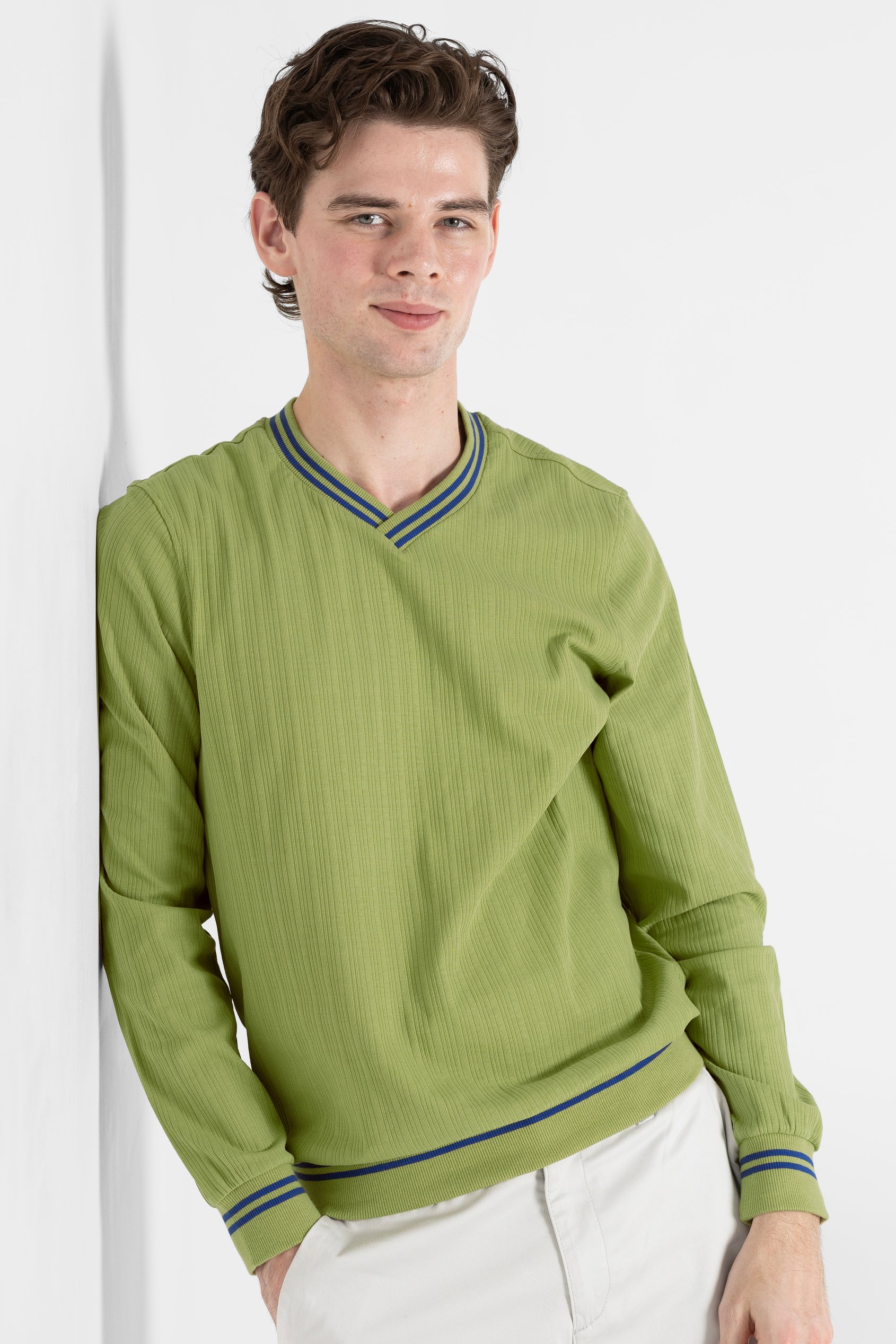 Enorsia Men's Green Contrast Ribbing V-Neck Sweatshirt - Uk Xxl