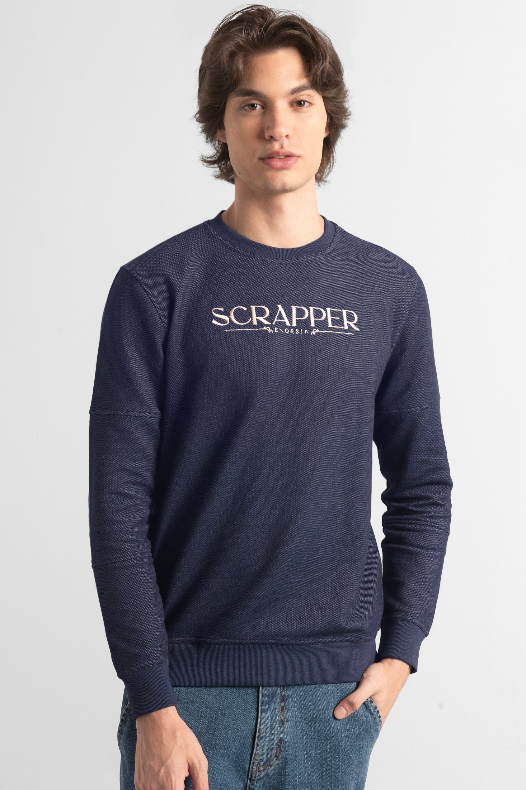 Enorsia Men's Navy Heavy Pique Terry Crew Neck Sweatshirt - Uk L