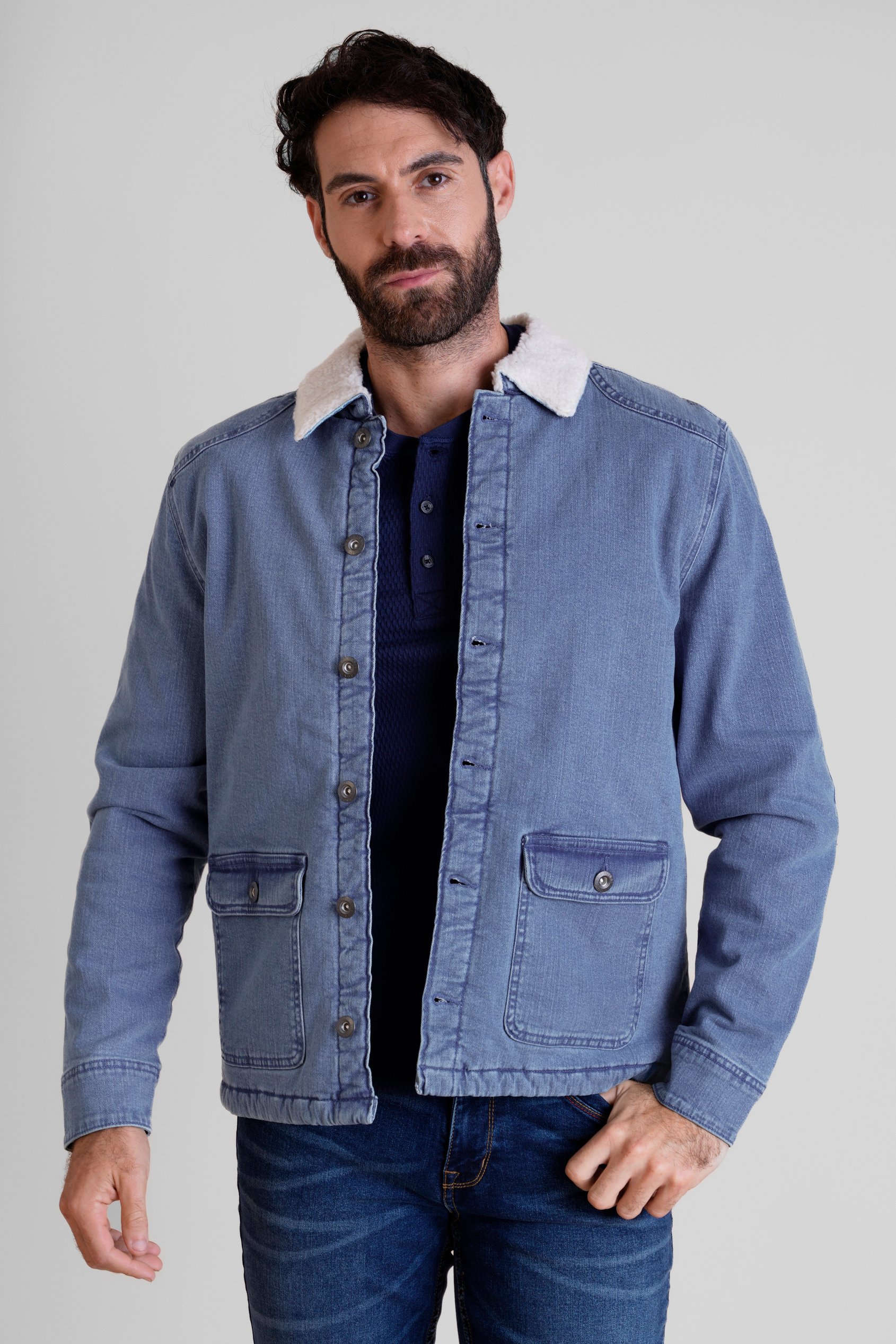 Enorsia Men's Mid Blue Borg Lined Denim Tucker Jacket - Uk S