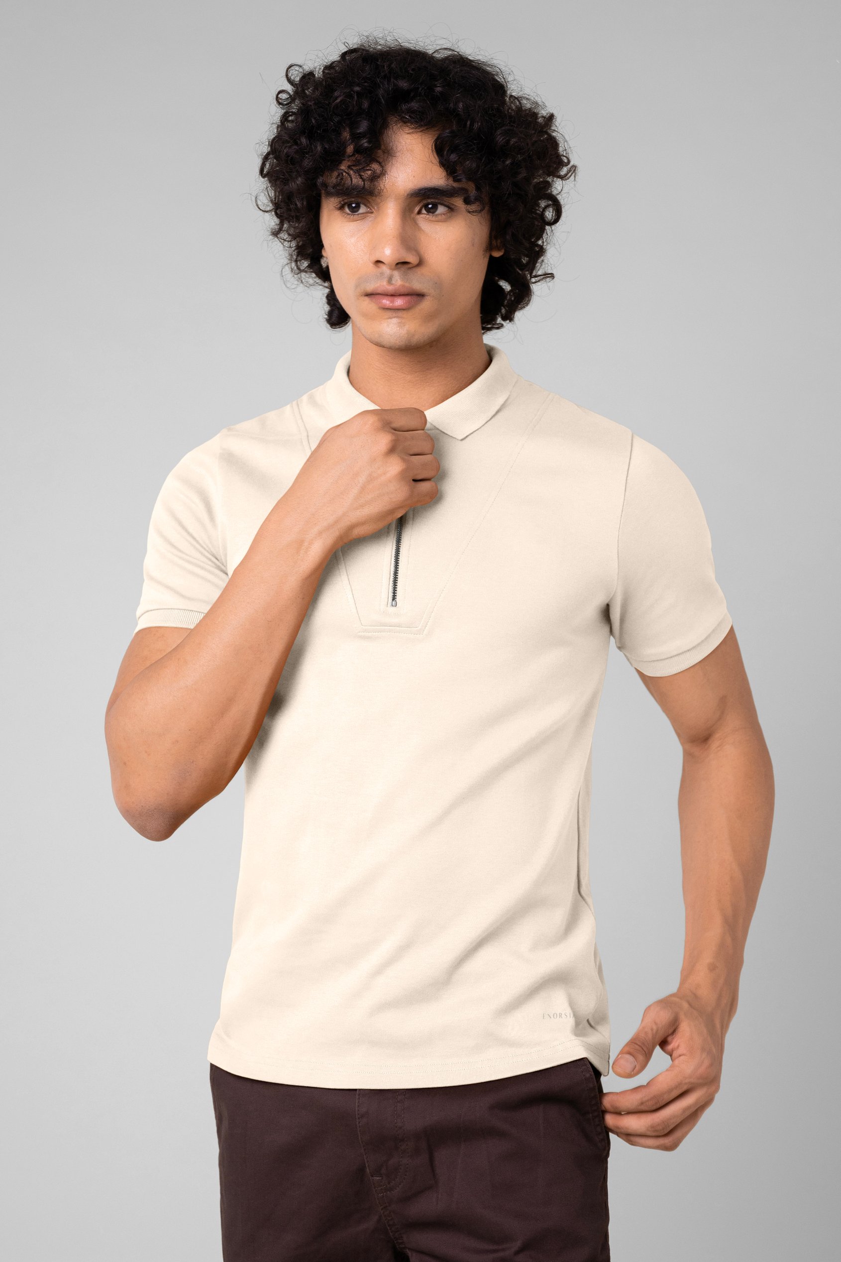 Enorsia Men's Cream Ribbed Zip Neck Short Sleeve Polo - Uk L