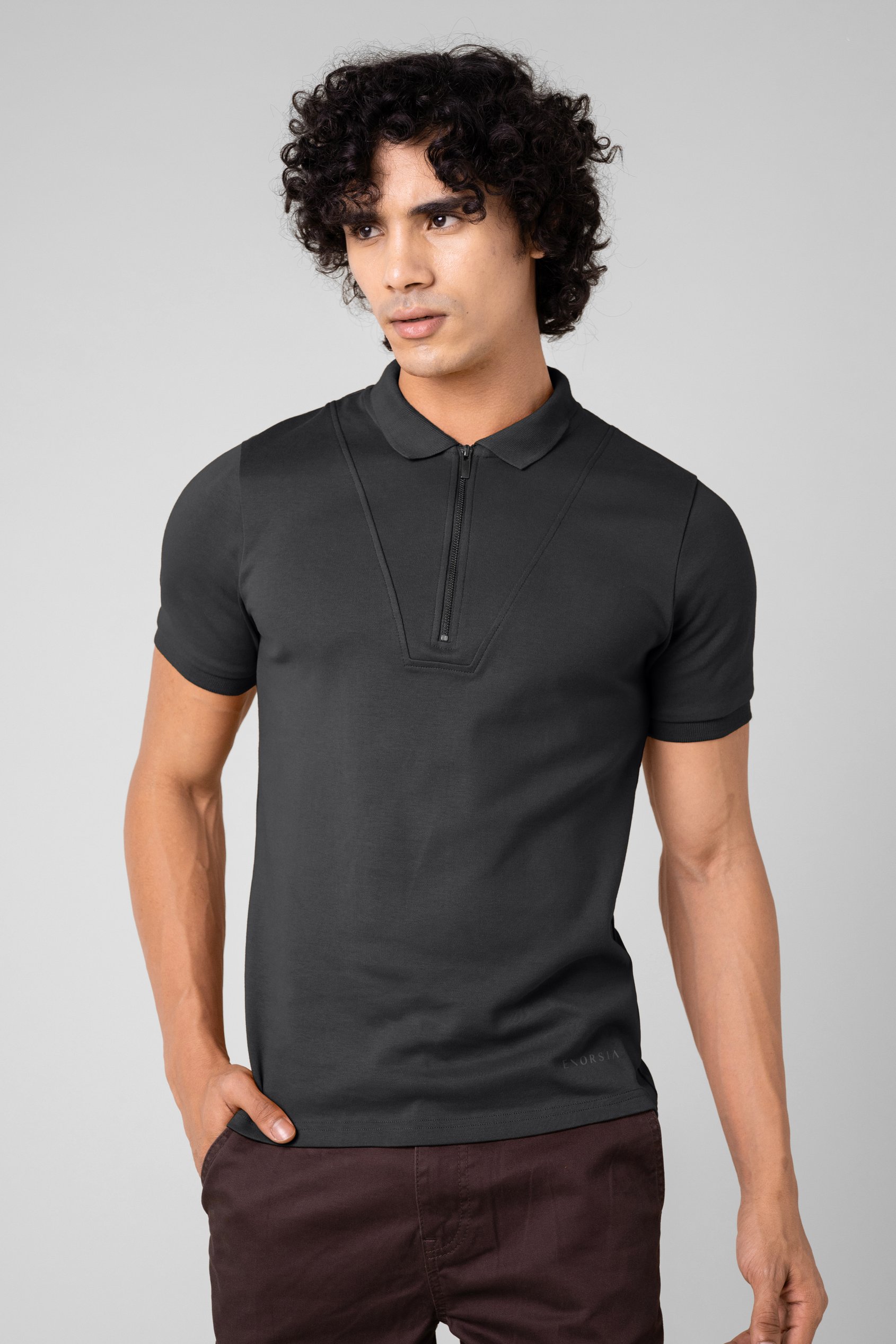 Enorsia Men's Black Ribbed Zip Neck Short Sleeve Polo - Uk L