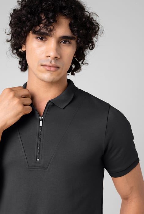 Black Ribbed Zip Neck Short Sleeve Polo