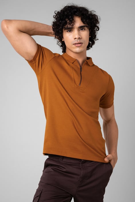 Cream Ribbed Zip Neck Short Sleeve Polo