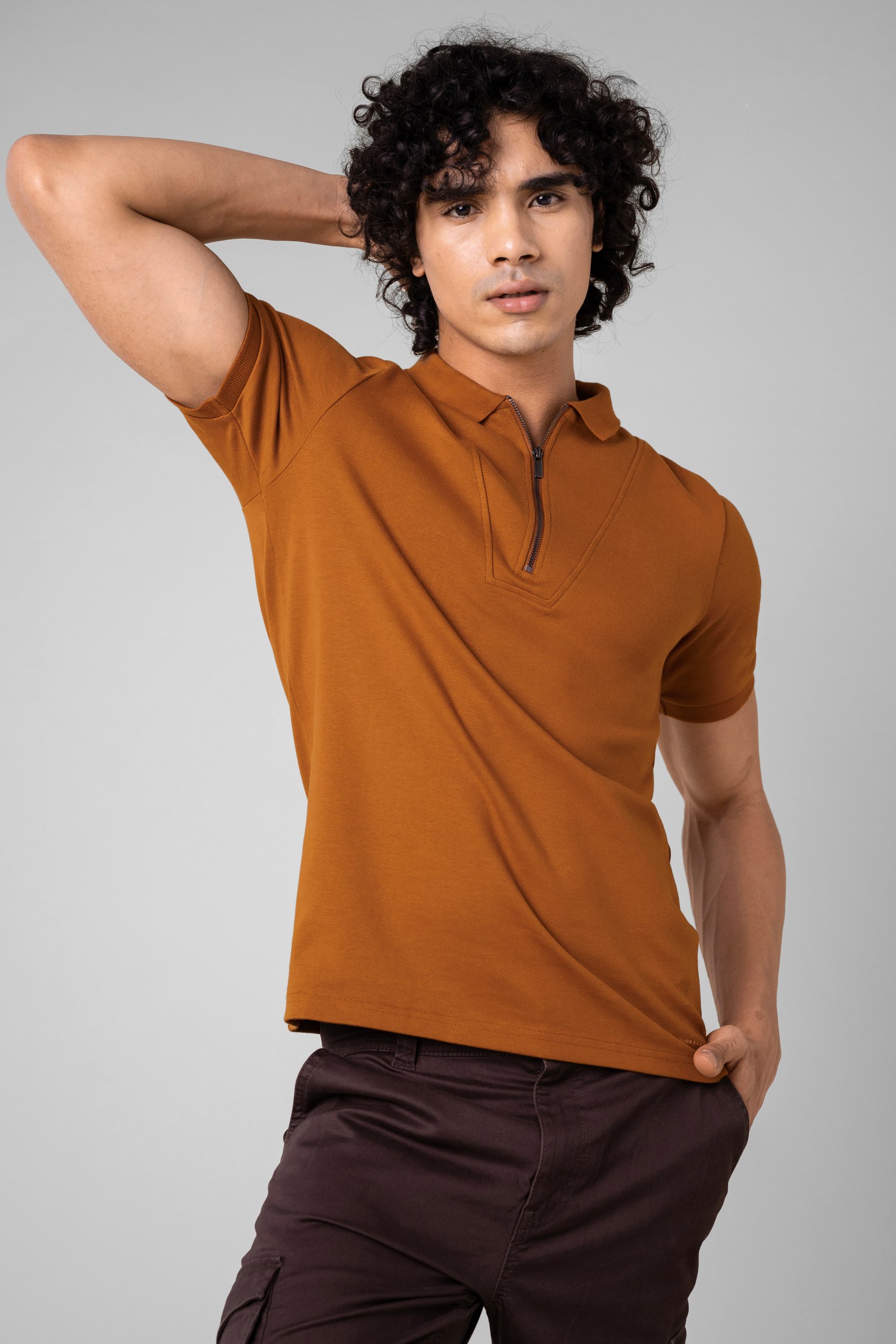 Enorsia Men's Orange Ribbed Zip Neck Short Sleeve Polo - Uk M