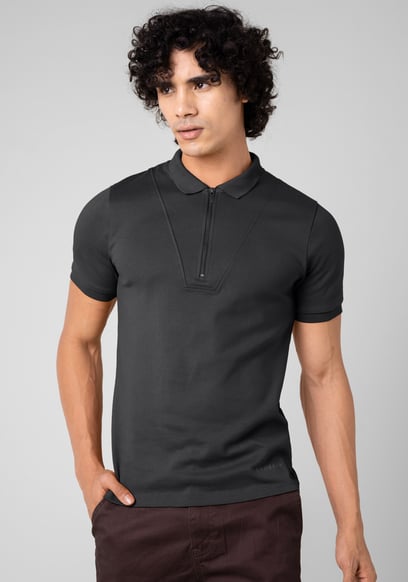 Ribbed Zip Neck Short Sleeve Polo