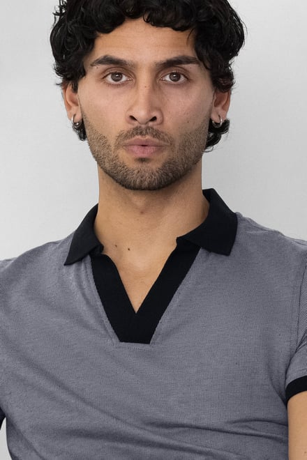 Contrast V-Neck Collar Cotton Polo Shirt