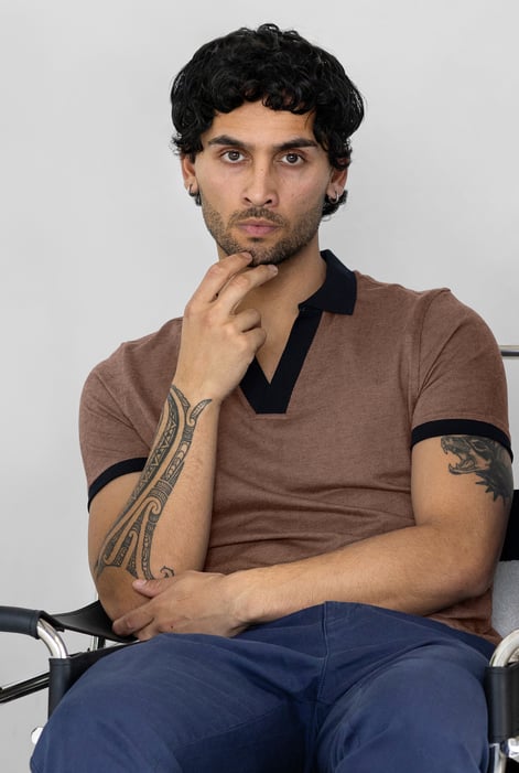 Brown Contrast V-Neck Collar Cotton Polo Shirt