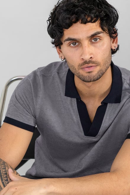 Contrast V-Neck Collar Cotton Polo Shirt