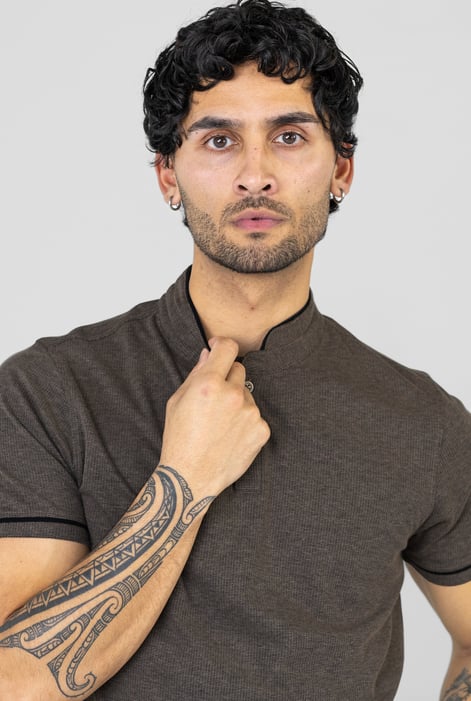 Brown Band Collar Interlock Polo Shirt