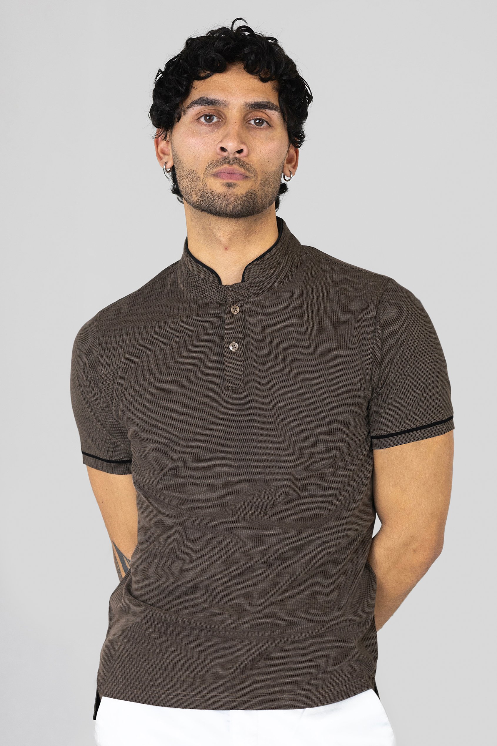 Enorsia Men's Brown Band Collar Interlock Polo Shirt - Uk Xxl