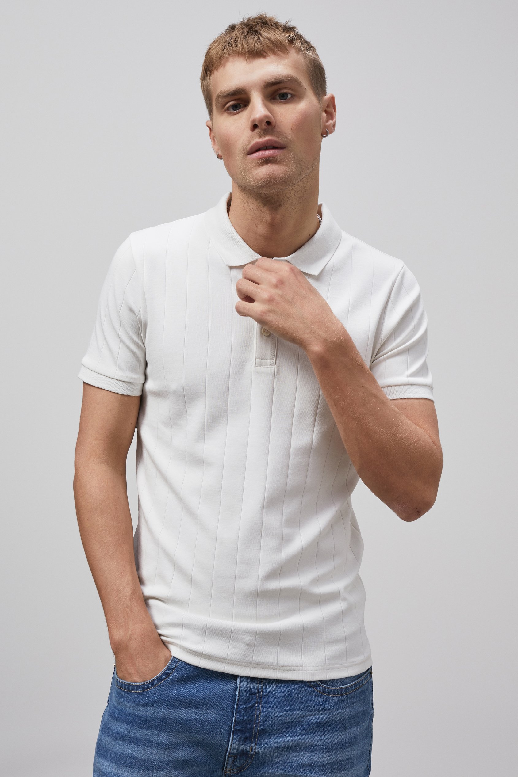 Enorsia Men's White Muscle Ribbed Polo Shirt - Uk M