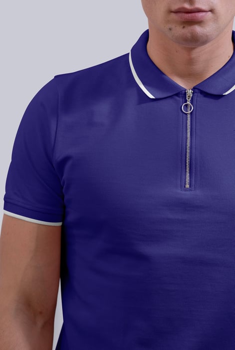 Men’s Blue Regular Fit Tipped Quarter Zip Polo Shirt | Enorsia