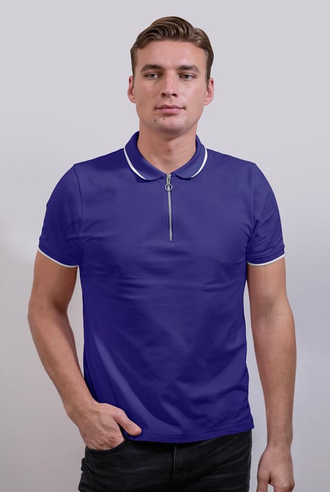Men’s Blue Regular Fit Tipped Quarter Zip Polo Shirt | Enorsia