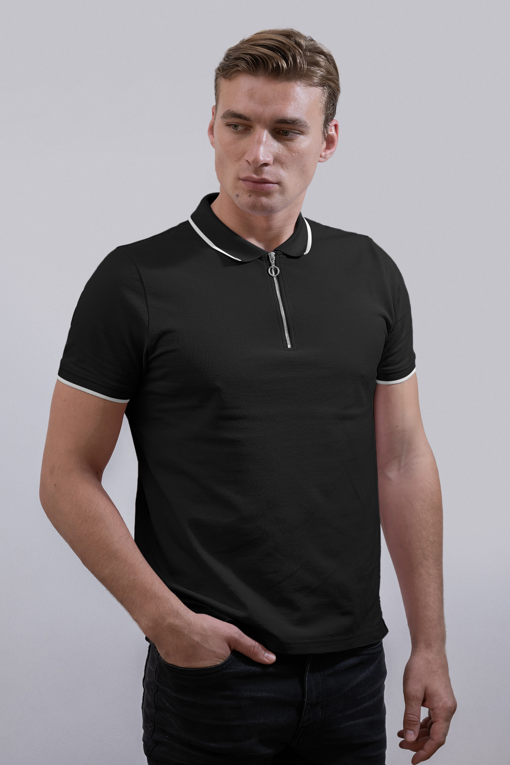 Men’s Regular Fit Tipped Quarter Zip Polo Shirt | Enorsia