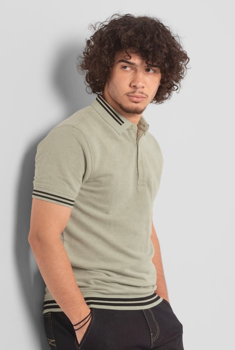 Cream Design Pique Polo With Rib Detailing