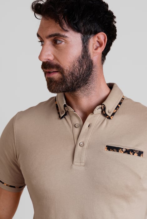Beige Contrast Double layer collar  Short Sleeves Polo Shirt