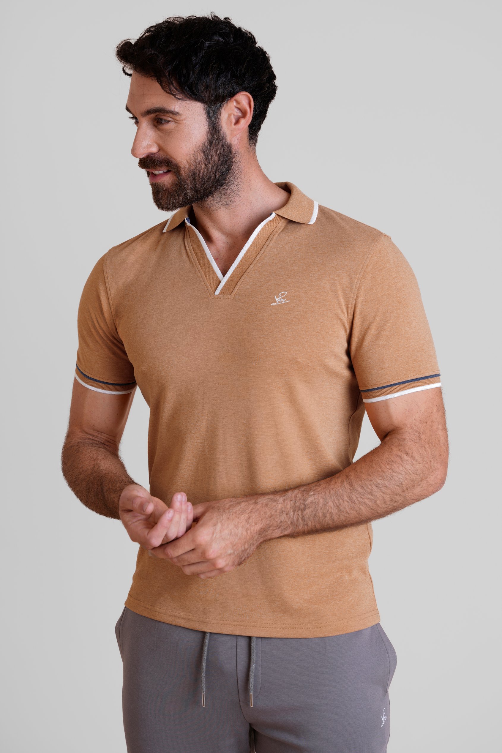 Enorsia Men's Beige V-Neck Classic Polo Shirt - Uk Xxl
