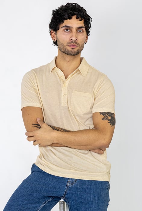 Beige Linen Blended Solid Short Sleeve Polo Shirt's