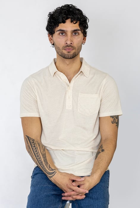 Beige Linen Blended Solid Short Sleeve Polo Shirt's
