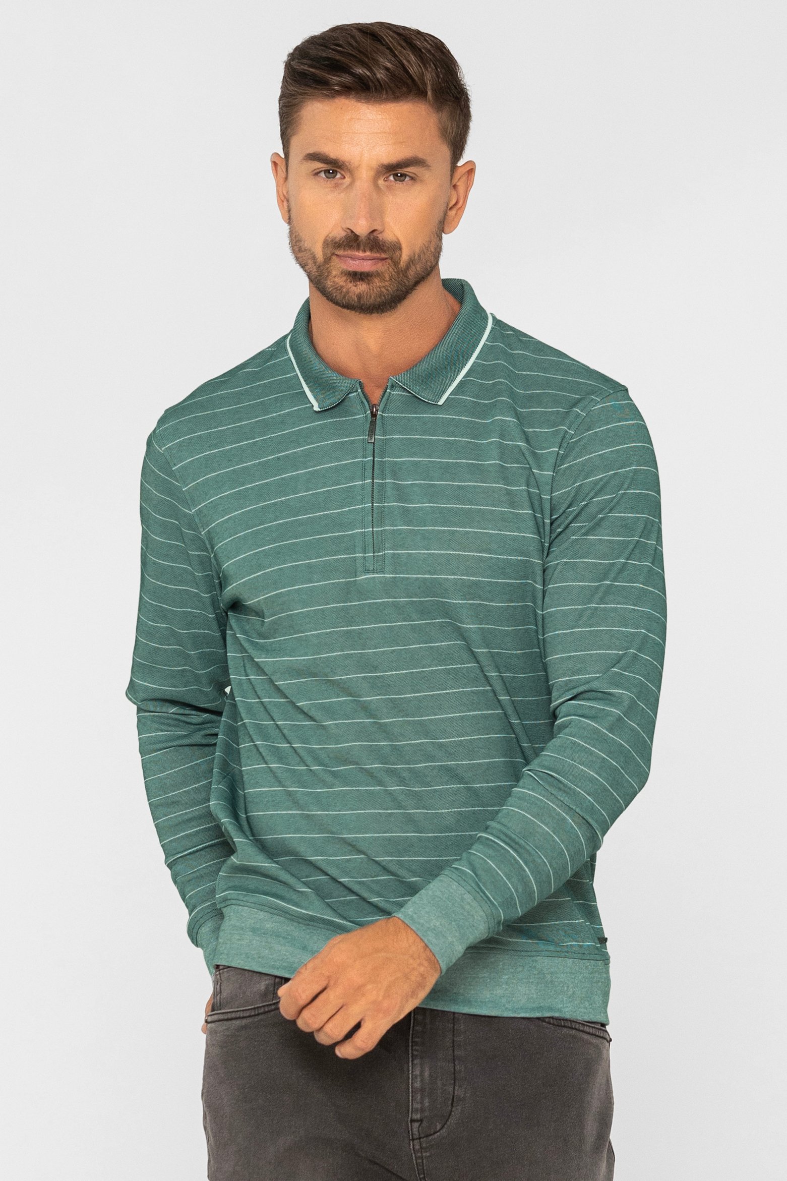 Enorsia Men's Green Half Zip Long Sleeve Polo Shirt - Uk S