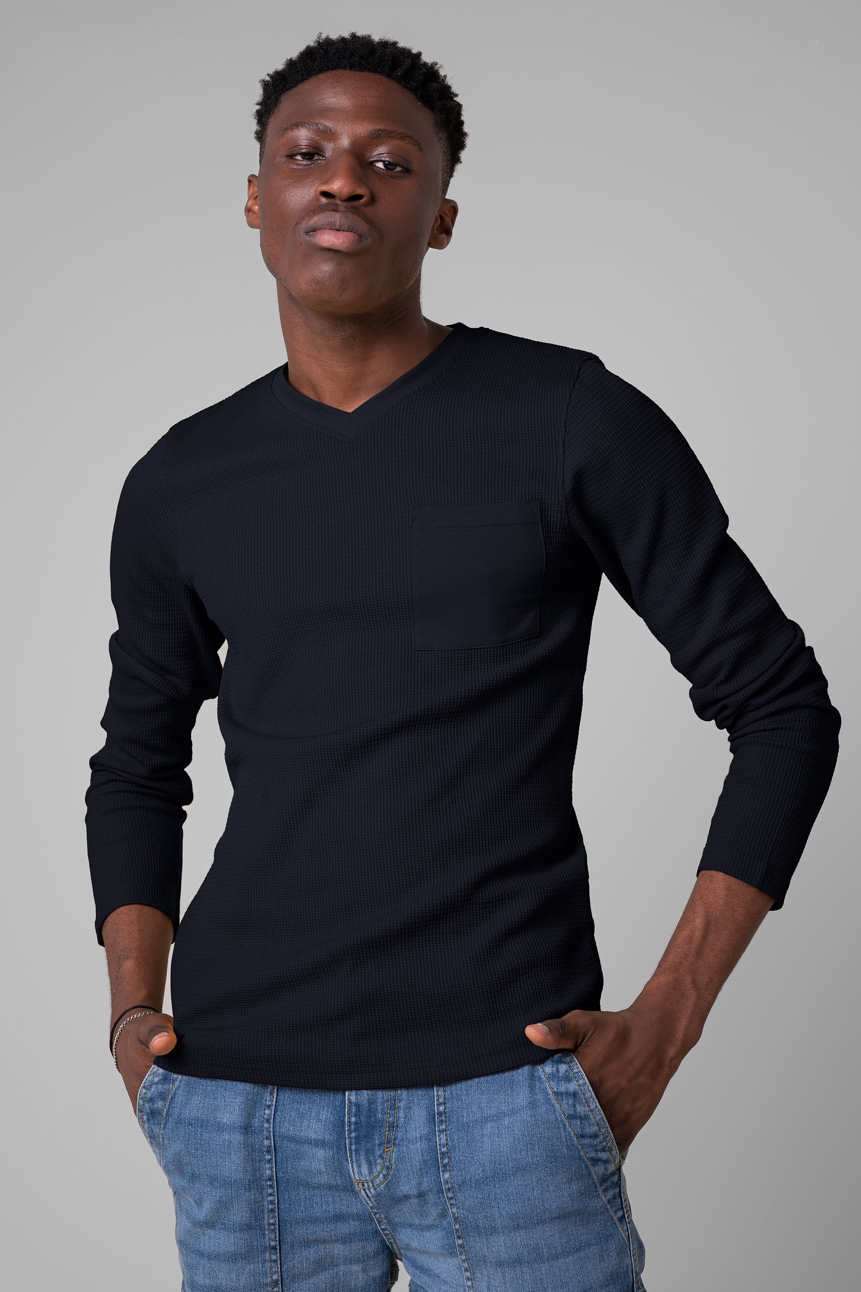 Enorsia Men's Black Long Sleeve Waffle T-Shirt - Uk Xl