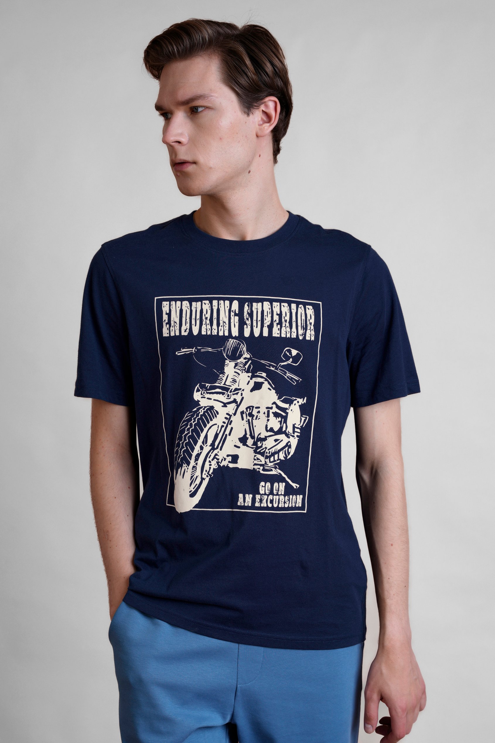 Enorsia Men's Navy Biker Graphic Printed T-Shirt - Uk Xxl