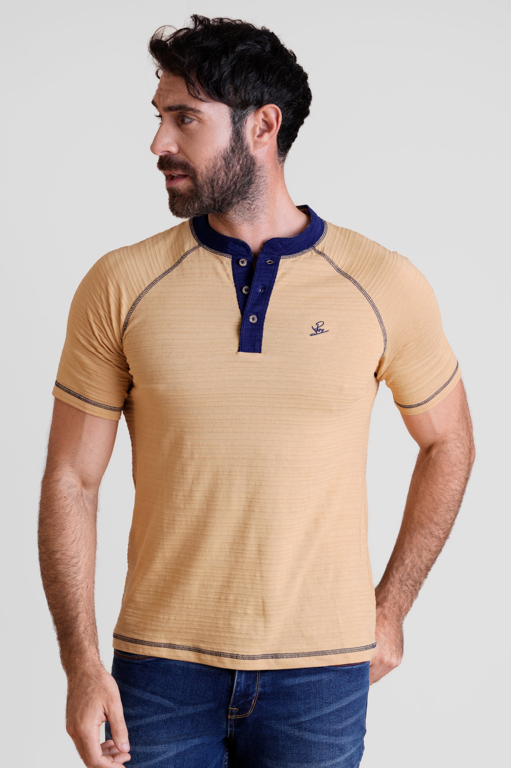 Enorsia Men's Beige Raglan Henley Short Sleeves T-Shirt - Uk L