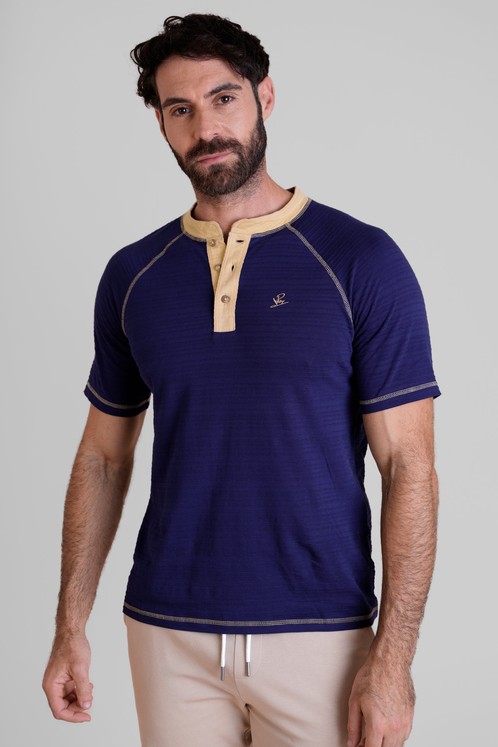 Enorsia Men's Navy Raglan Henley Short Sleeves T-Shirt - Uk L