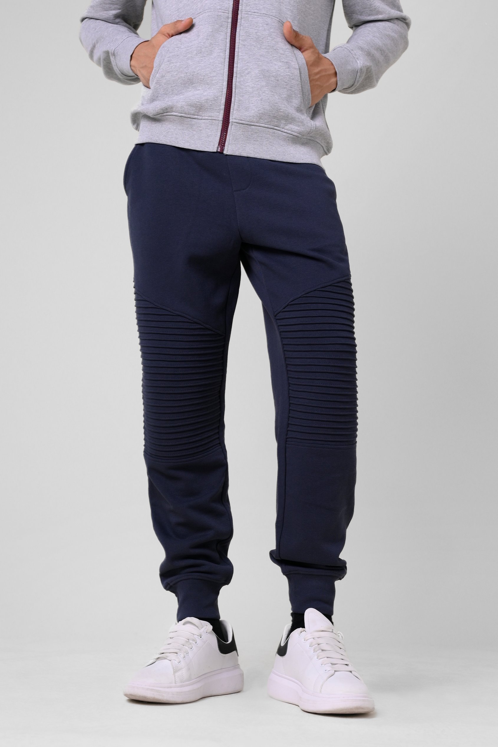 Enorsia Men's Navy Pleated Plain Drawstring Jogger - Uk Xl