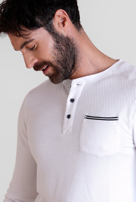 White Textured Jersey Long Sleeve Henley T-Shirt