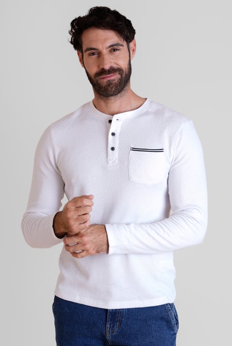 White Textured Jersey Long Sleeve Henley T-Shirt