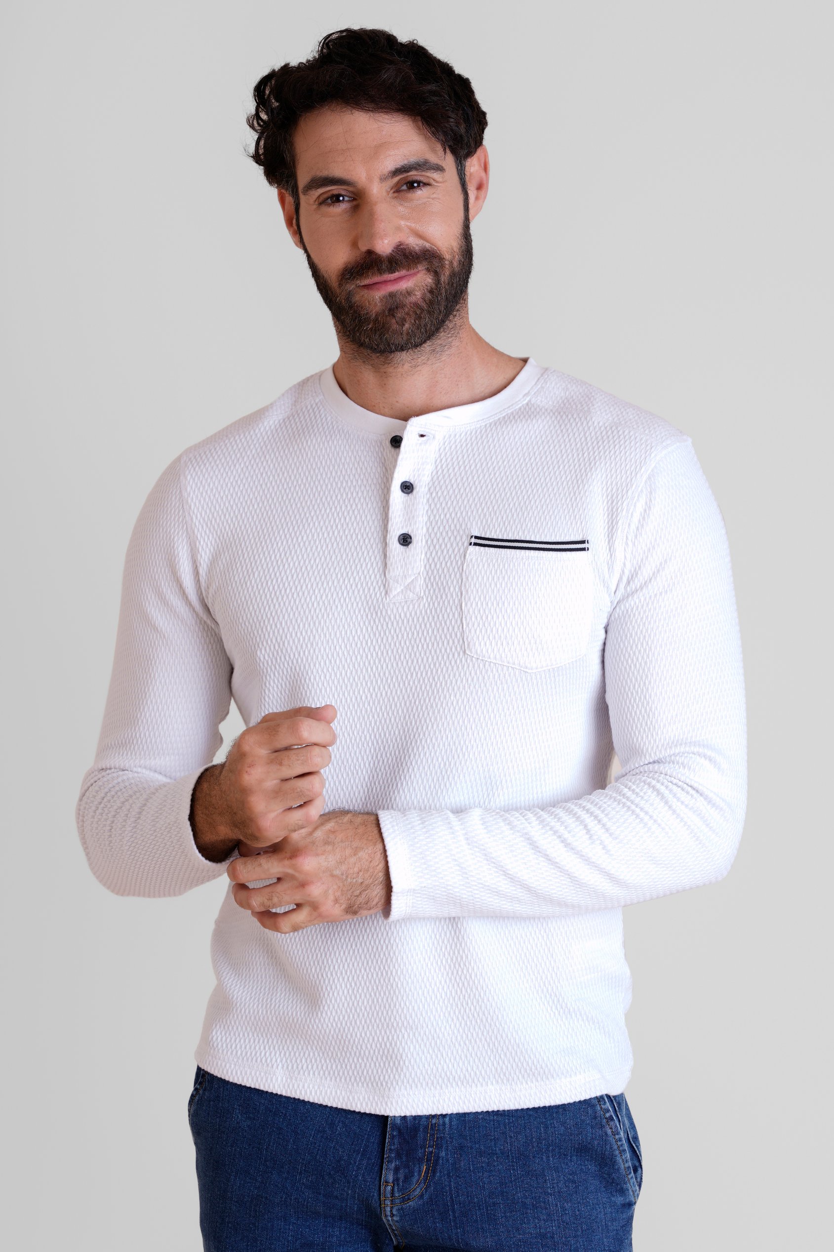 Enorsia Men's White Textured Jersey Long Sleeve Henley T-Shirt - Uk Xxl