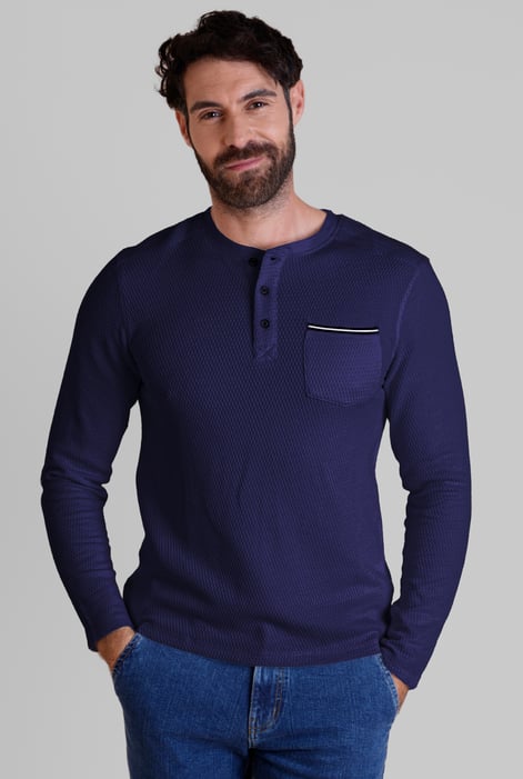 White Textured Jersey Long Sleeve Henley T-Shirt