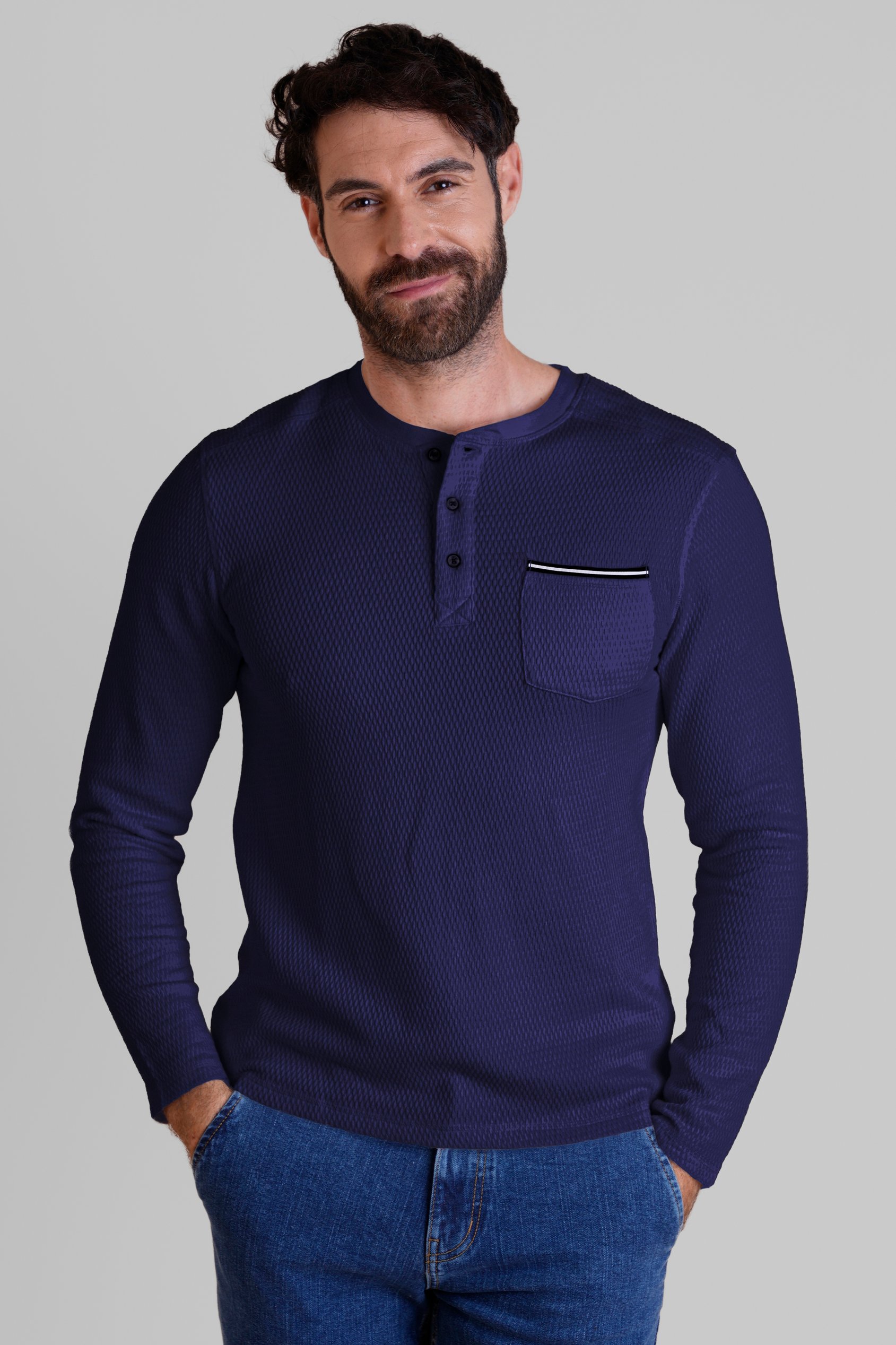 Enorsia Men's Navy Textured Jersey Long Sleeve Henley T-Shirt - Uk L