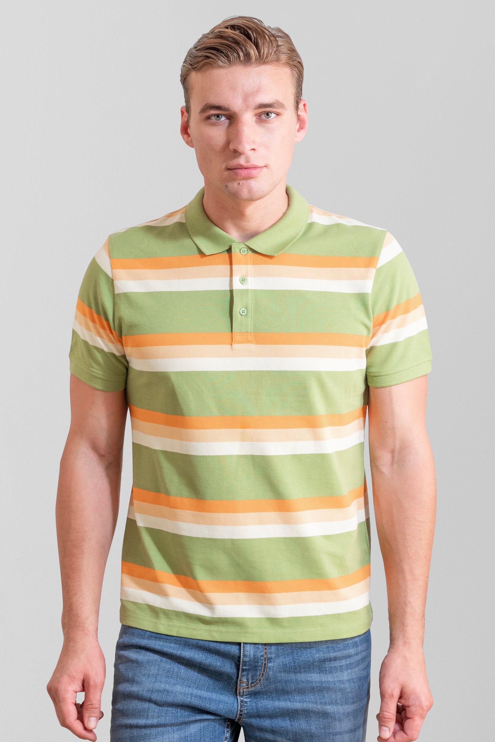 Enorsia Men's Green Stripe Pique Polo Shirt - Uk M