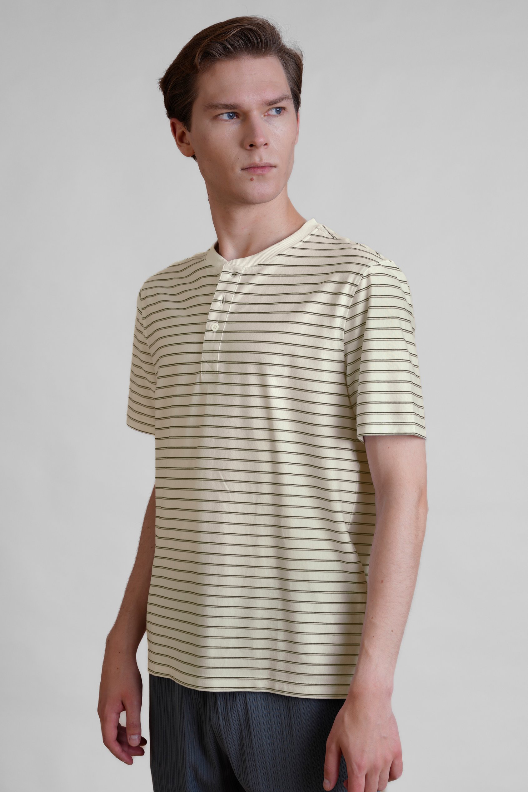 Enorsia Men's Cream Loose Fit Stripe Print Henley T-Shirt - Uk L