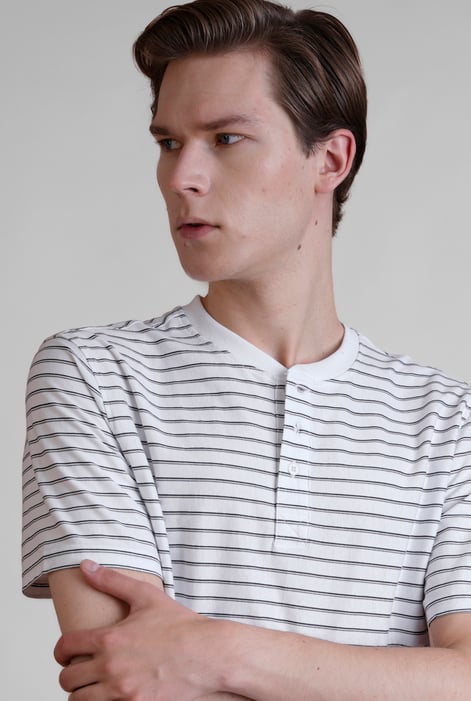 White Loose Fit Stripe Print Henley T-shirt