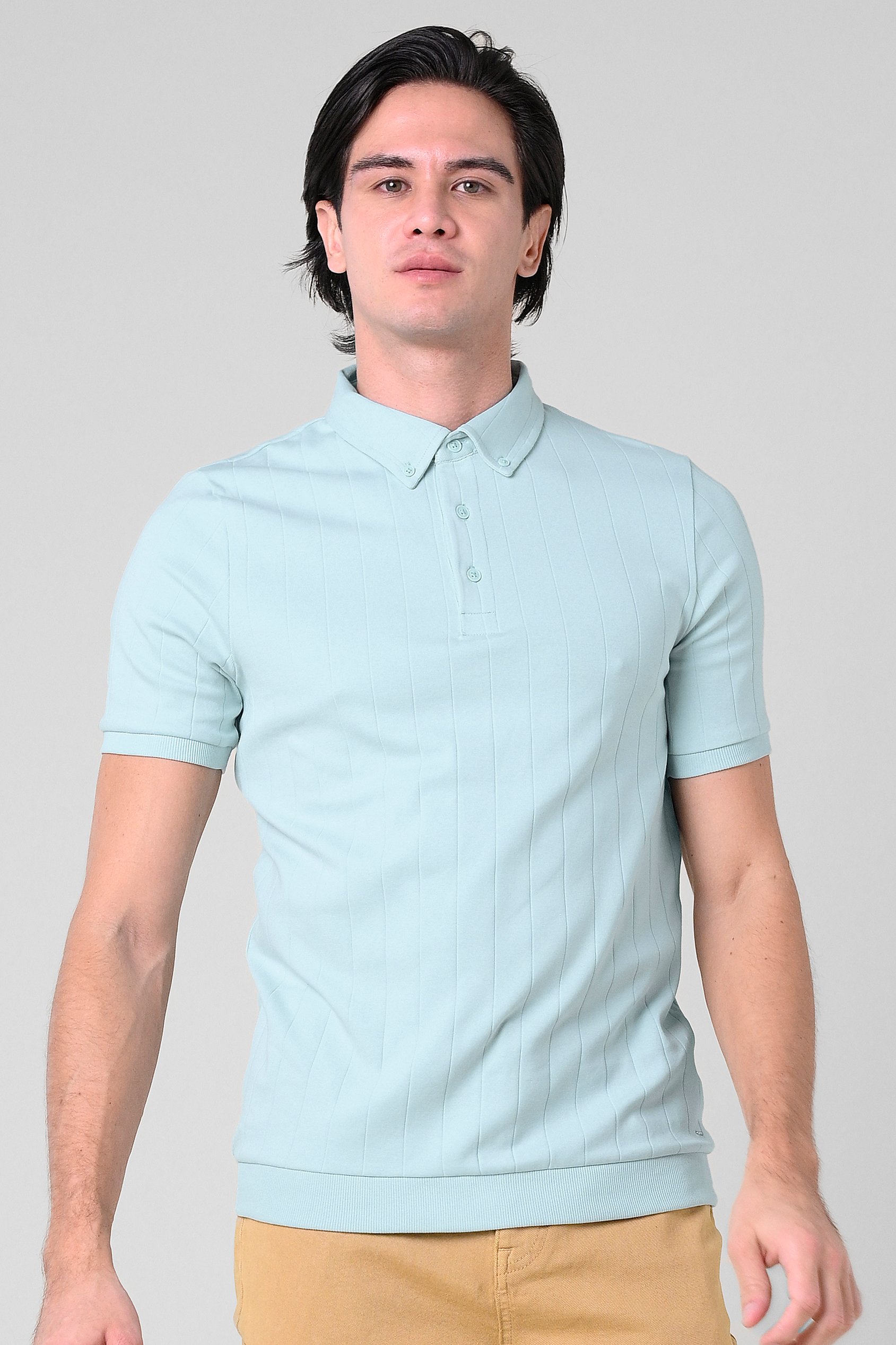 Enorsia Men's Blue Rib Textured Soft Finish Polo Shirt - Uk L