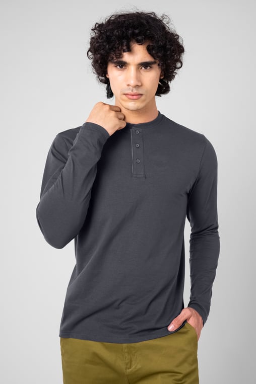 Men's Black Crew Neck Henley T-Shirt (MA3411395)