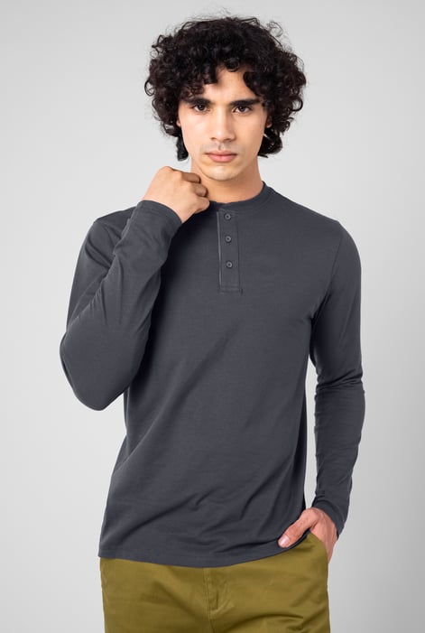 Men's Black Crew Neck Henley T-Shirt