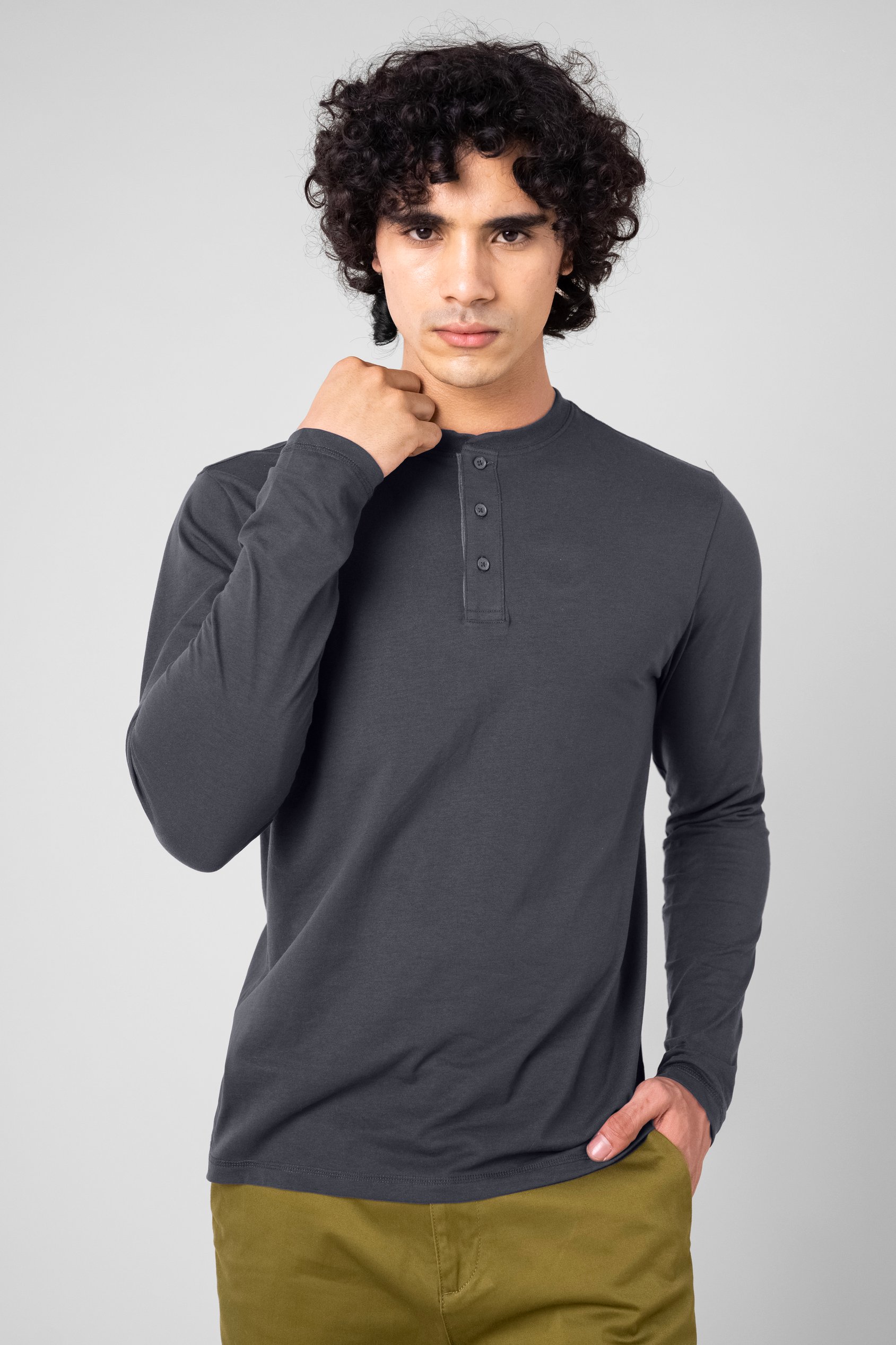 Enorsia Men's Black Crew Neck Henley T-Shirt - Uk L