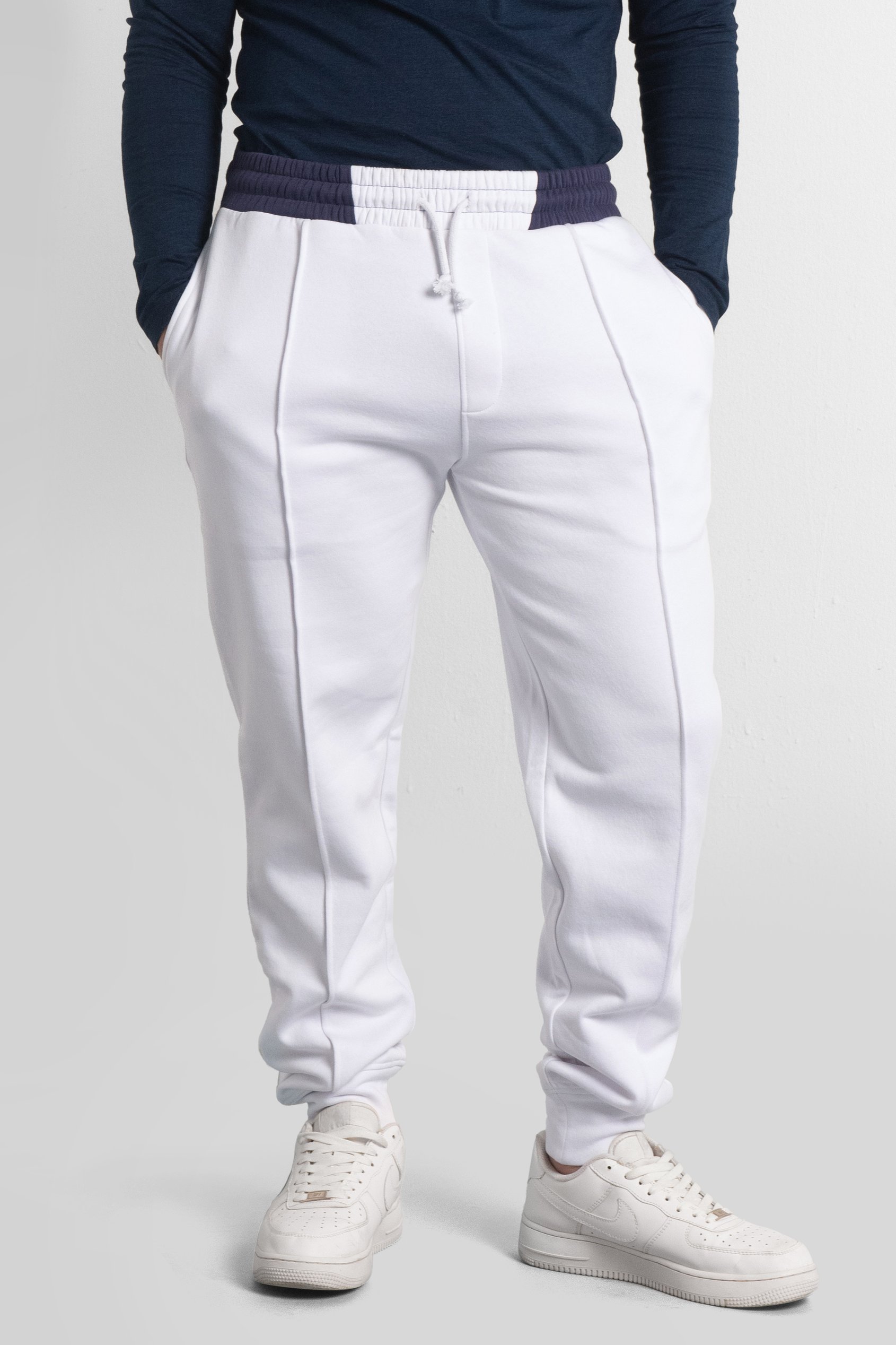 Enorsia Men's White Brushed Terry Jogger With Cut And Sew Waistband - Uk Xxl