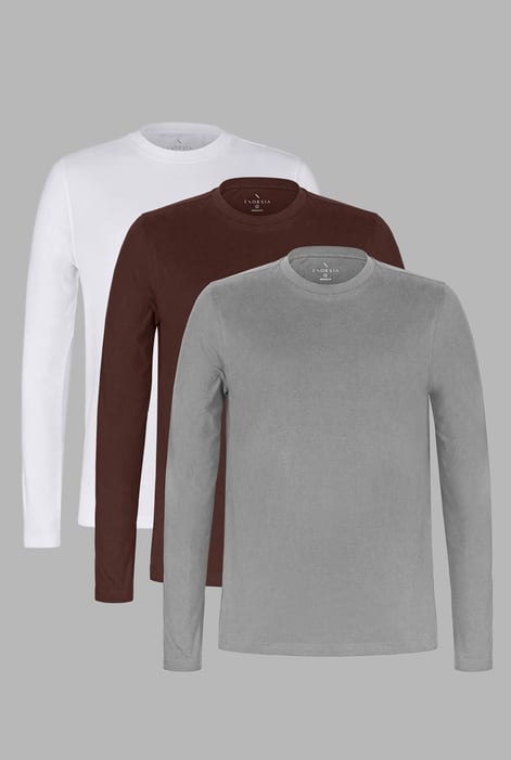 White/Chocolate/Grey Cotton Long Sleeve T-Shirt 3 Pack